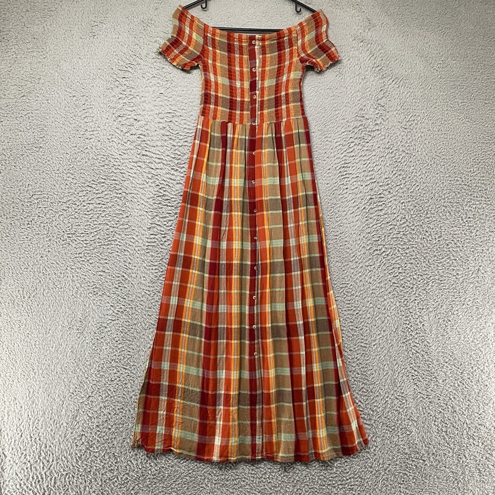 Urban Outfitters Midi Dress Womens Medium Orange Plaid Off Shoulder Smocked - Picture 2 of 15